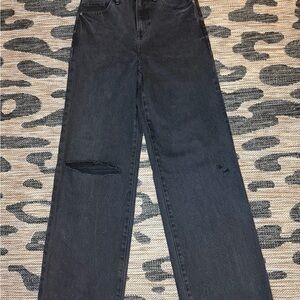 Express High Rise Wide Leg Jeans Black Distressed Raw Hem Size 0